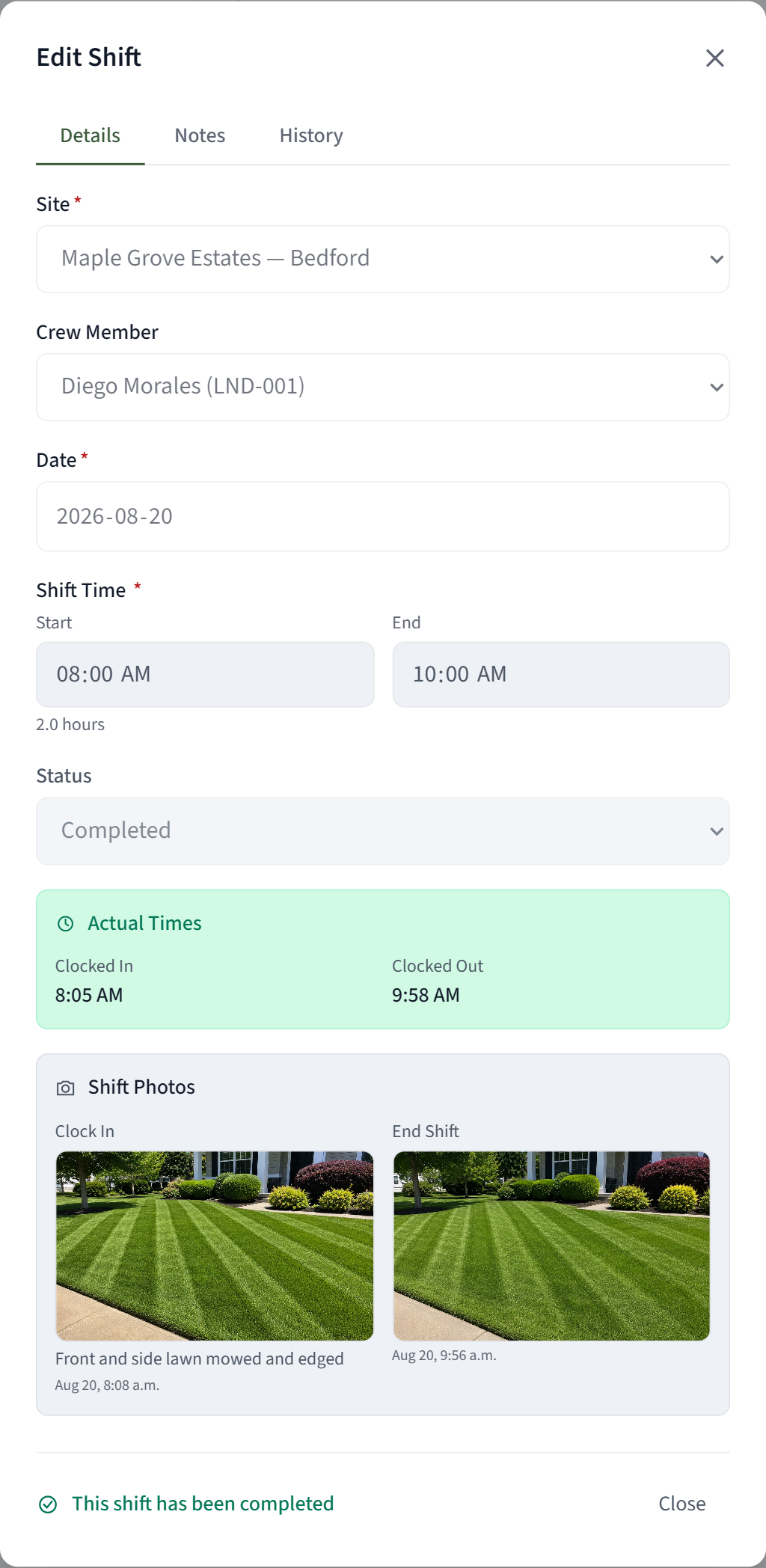 A completed visit at the property, opened up: clocked in at 8:05 and out at 9:58 on site, with dated on-site photos of the work stamped to it. "We serviced it" becomes a record you can open, per property and per visit.