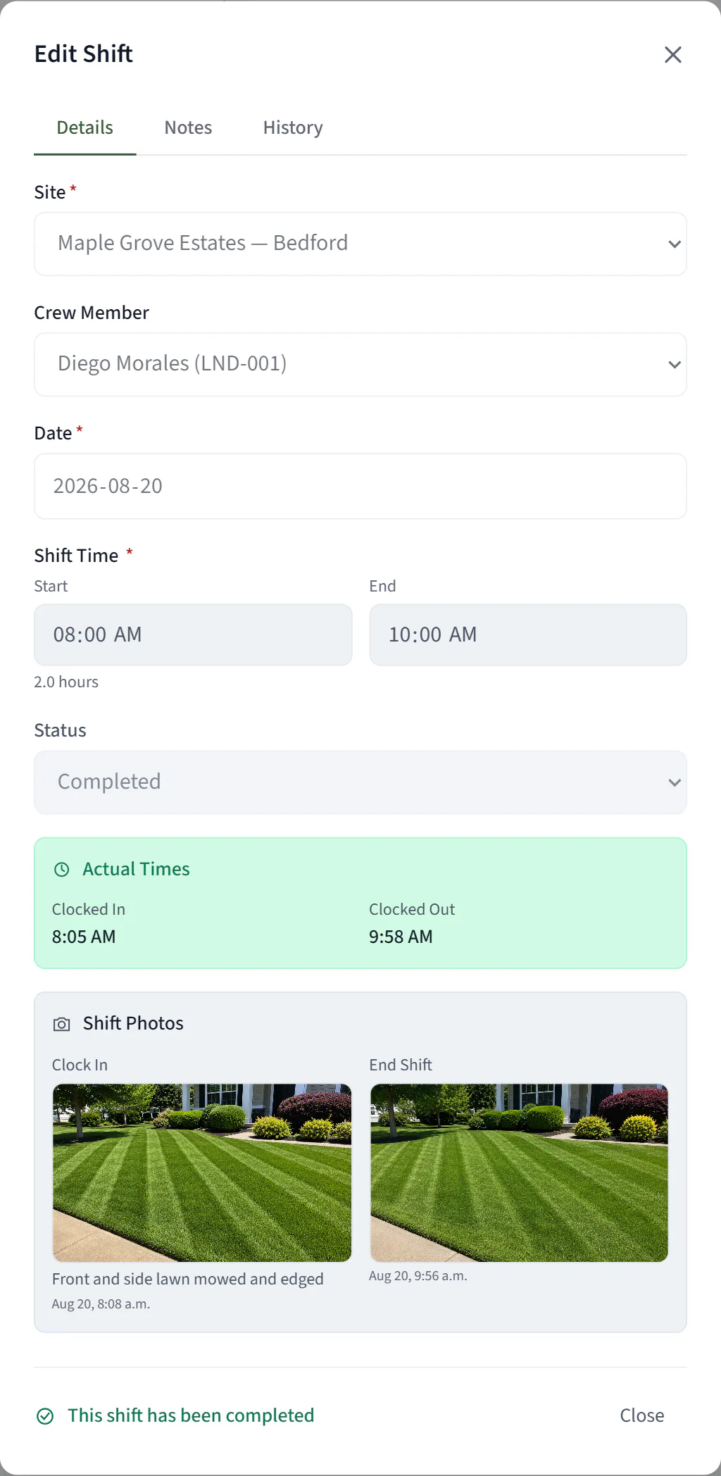 A completed visit at the property, opened up: clocked in at 8:05 and out at 9:58 on site, with dated on-site photos of the work stamped to it. "We serviced it" becomes a record you can open, per property and per visit.
