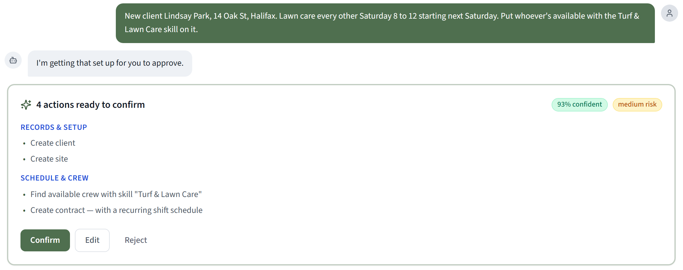 The Lindsay Park request in the AI Workbench, answered with a card of four actions ready to confirm: create client, create site, find available crew with the Turf and Lawn Care skill, and create a contract with a recurring shift schedule, with Confirm, Edit and Reject buttons.