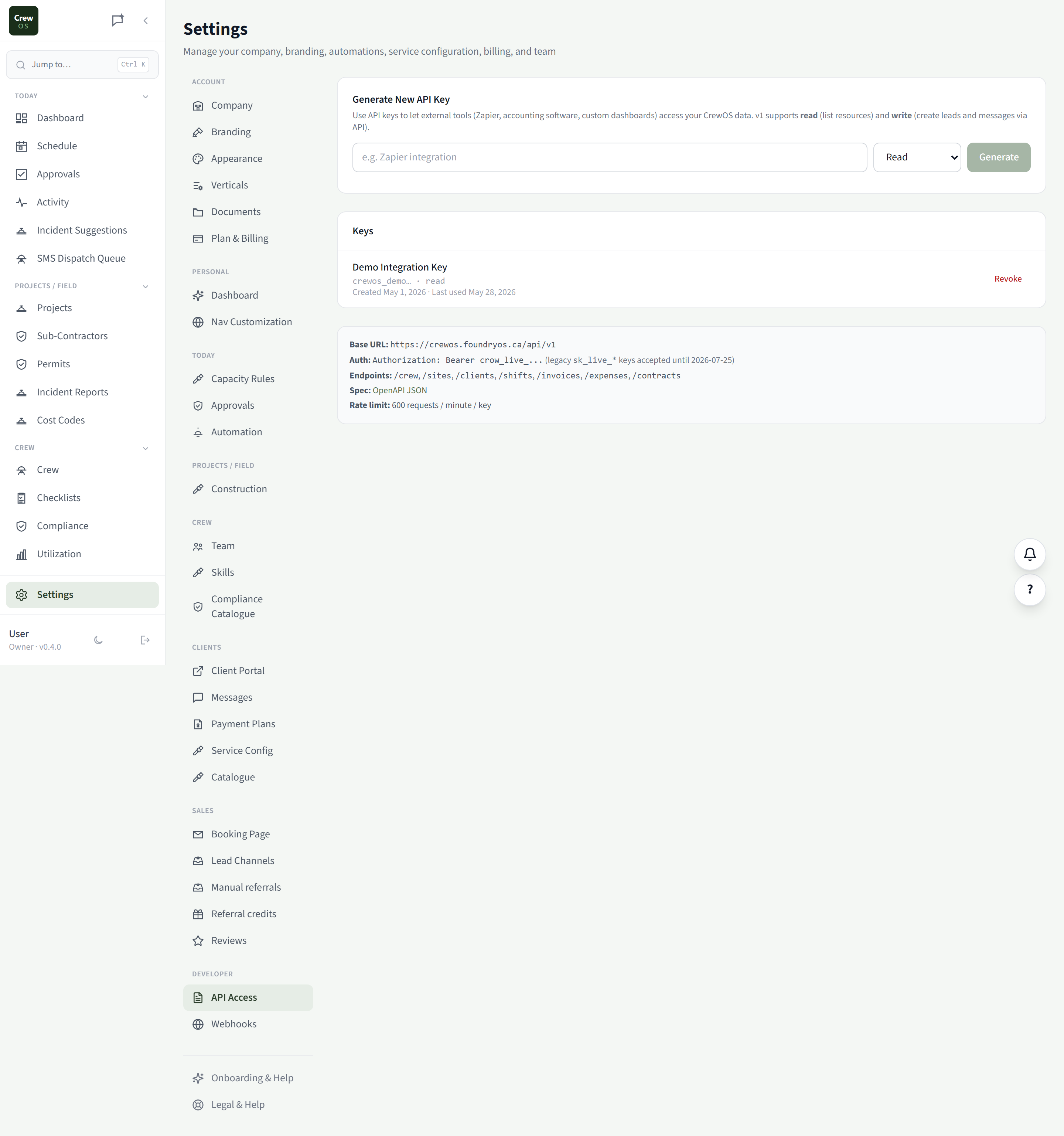 CrewOS API Access