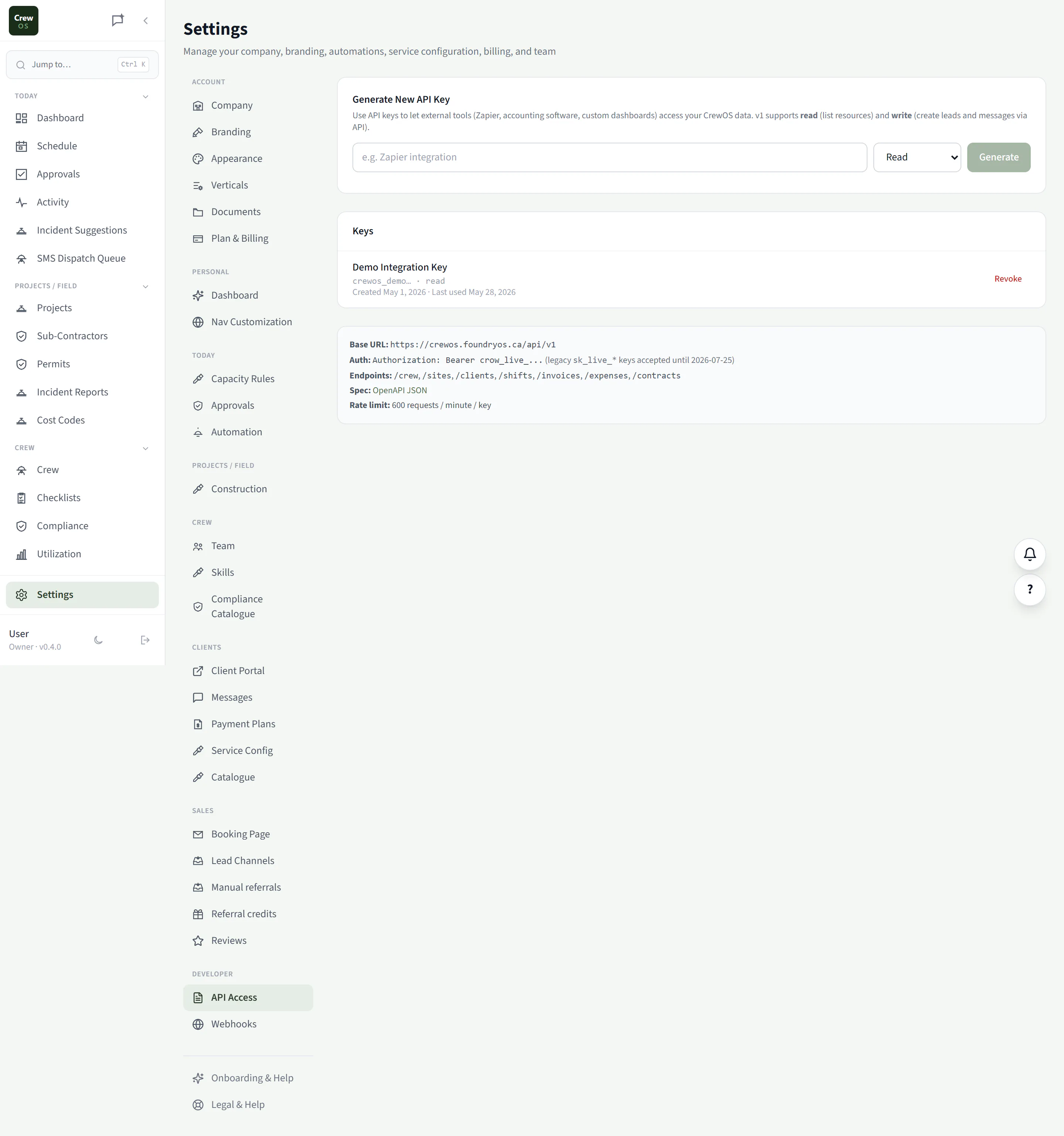 CrewOS API Access